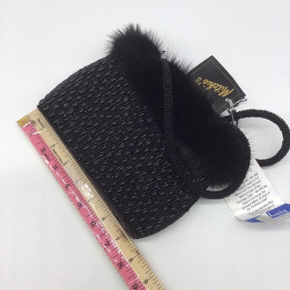 Mitchie’s Black Beaded Evening Bag Faux Fur Trim Top Handle Purse NWT Vintage - Picture 14 of 16